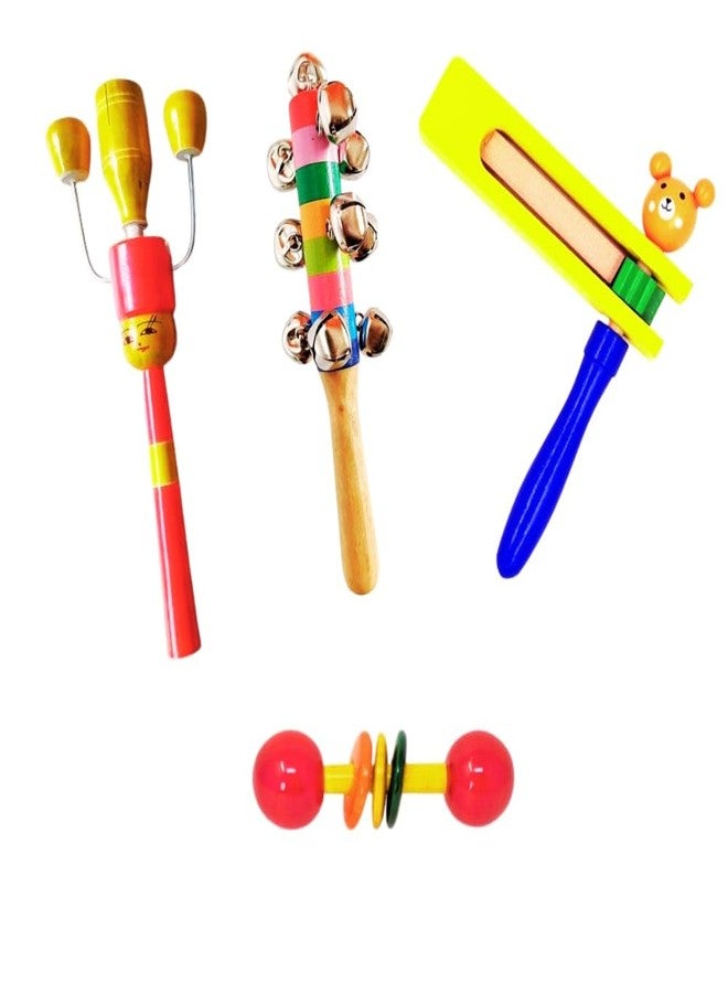 Little Mind Colourful Wooden Baby Rattle Toy - Hand Crafted Rattle Set for Kids - Musical Toy for Newly Born Pack of 4 - Image 1
